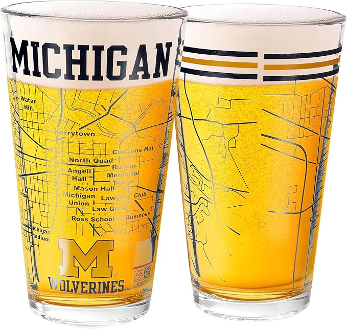 Greenline Goods – University of Michigan Wolverines College Pint Beer Glasses (Set of 2), 16 oz – Full‑Color Logo + Campus Map