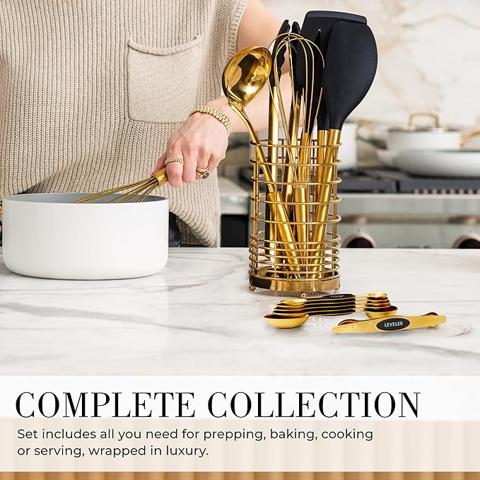 Styled Settings Black and Gold Kitchen Utensils Set – 15-Piece Cooking Set Includes Black Silicone Utensils, Gold Utensil Holder, and Magnetic Measuring Spoons – Stylish Kitchen Accessories