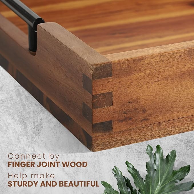 Ottoman Tray, Acacia Wood Serving Tray with Metal Handles, 16.5x12.5in Food Drinks Tray for Coffee Table, Breakfast, Dinner & Bar, Rustic Decorative Storage Tray for Ottoman, Kitchen, Packaging