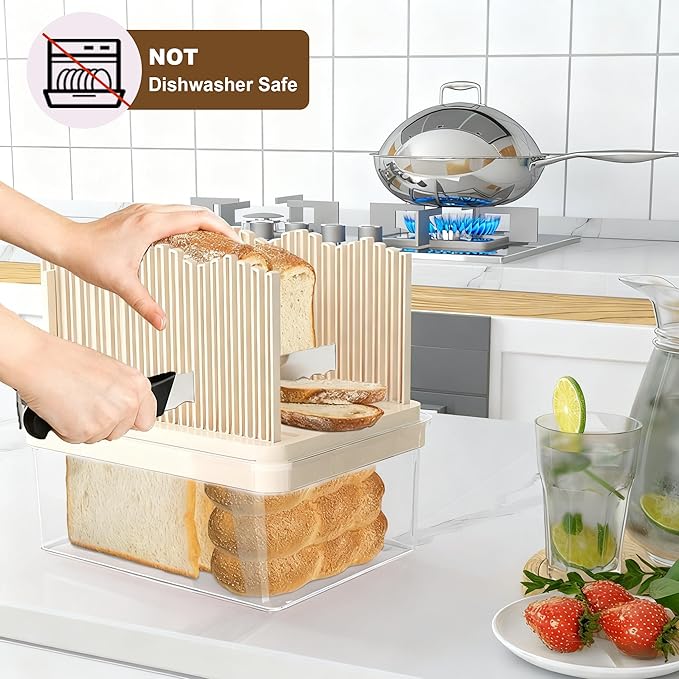 Bread Box with Slicer, Portable Airtight Bread Storage Container with Lid Handle for Kitchen Counter, Bread Keeper for Homemade Bread,Toast, Bagel, Cookies, Beige
