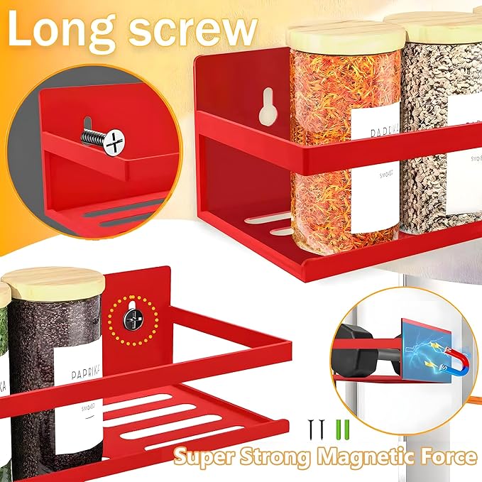Magnetic Spice Rack for Refrigerator Seasoning Organizer for Spice Fridge Shelf storage Magnetic Shelf with Hook for Oven (4pack-Cut out-Red)