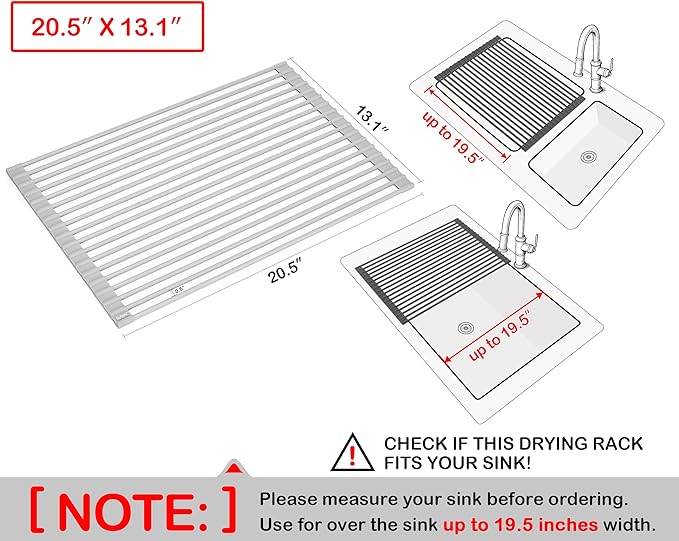Surpahs Roll-Up Dish Drying Rack, Warm Gray, 20.5" x 13.1", Fits Sinks up to 19" Wide, Silicone-Coated Stainless Steel