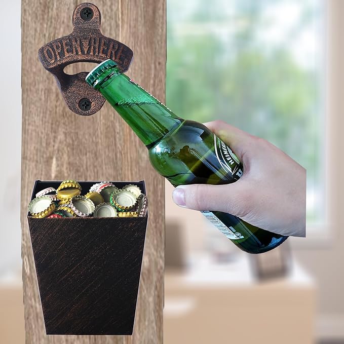Antique Copper Cast Iron Beer Bottle Opener Wall Mounted Soda Drink Bottle Top Opener with Cap Catcher Narrow for Table Cooler Post