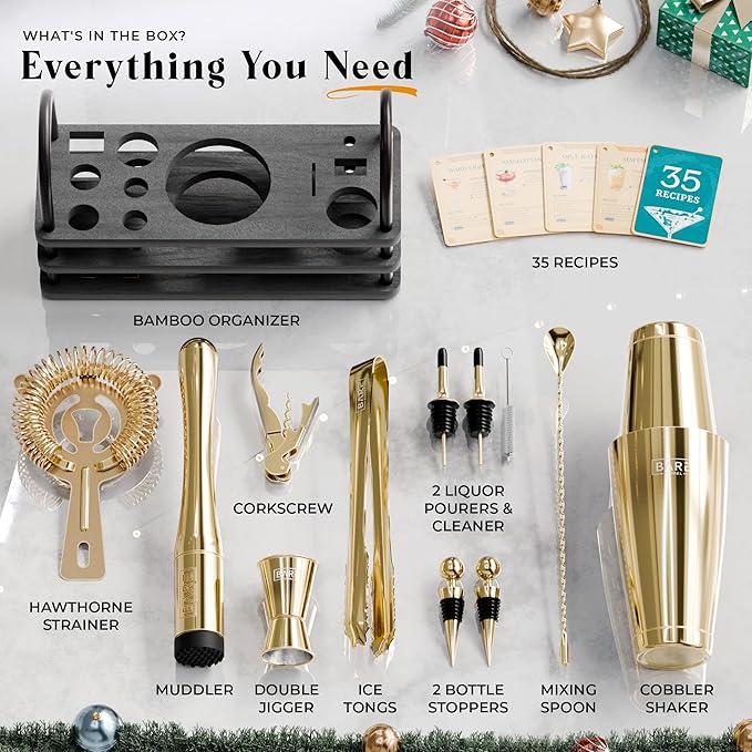 BARE BARREL® Mixology Bartender Kit Bar Set | 14-Piece Cocktail Shaker Set | Martini Barware Mixing Tools for Home Bartending | 35 Recipe Cards | Gift Set (28oz Boston Shaker, Gold/Black)