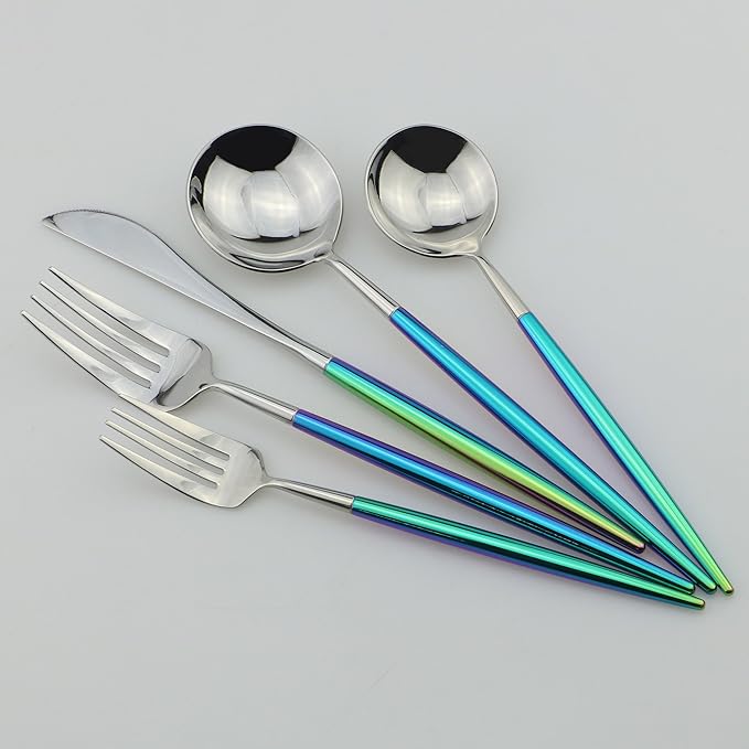 5-Piece Coloful Rainbow Handle Silver Flatware Set, Mirror 18/10 Stainless Steel, Service for 1