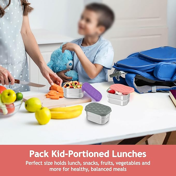 Homikit 3 Pack Snack Containers for Kids, 18/10 Stainless Steel Toddler Lunch Box with Silicone Lids, Reusable Bento Food Container Set for School Daycare, Nontoxic & Leak Proof, Pink/Purple/Gray