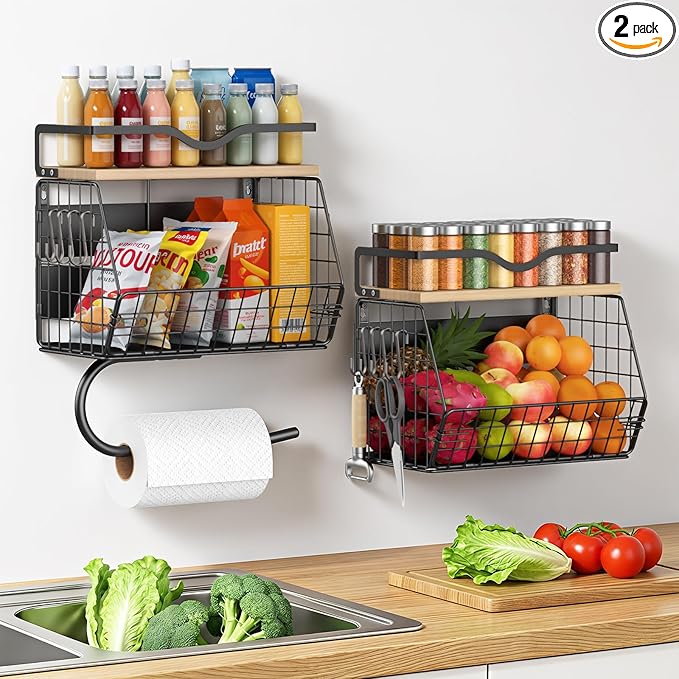 Housolution 2 Pack Wall Mounted Fruit Basket with Wood Lid, Hanging Kitchen Storage Basket for Fruit and Vegetable, Potato and Onion Storage Organizer with Paper Towel Holder for Kitchen Countertop