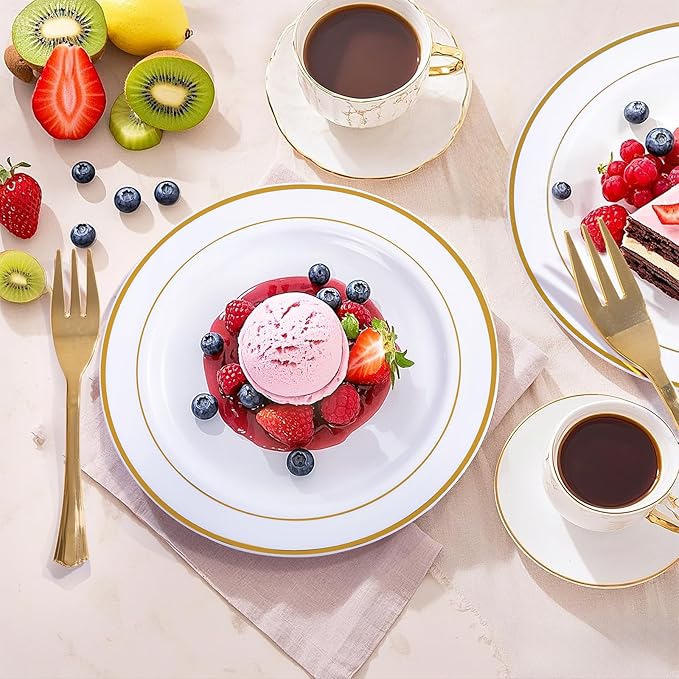 WELLIFE 120 PCS Plastic Dessert Plates and 120 PCS Forks, 6.3 inch Disposable Salad Plate, Premium White Appetizer Plates with Gold Rims Perfect for Parties, Weddings and Christmas
