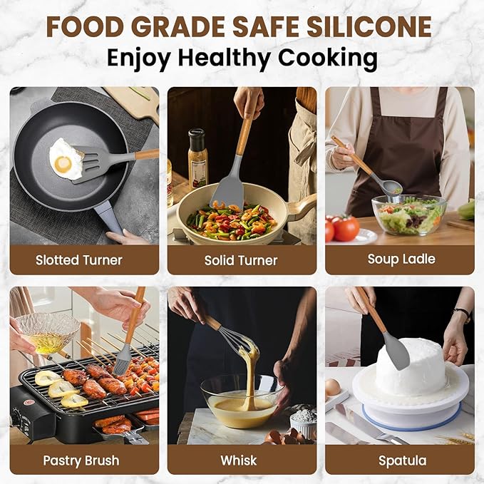 Kitchen Utensils Set - Silicone Cooking Utensils Set - 12 Pcs for Cooking, Spatula,Turner, Spoon, Brush, Useful Pots and Pans Accessories, Kitchen Gadgets for Non-Stick Cookware BPA FREE