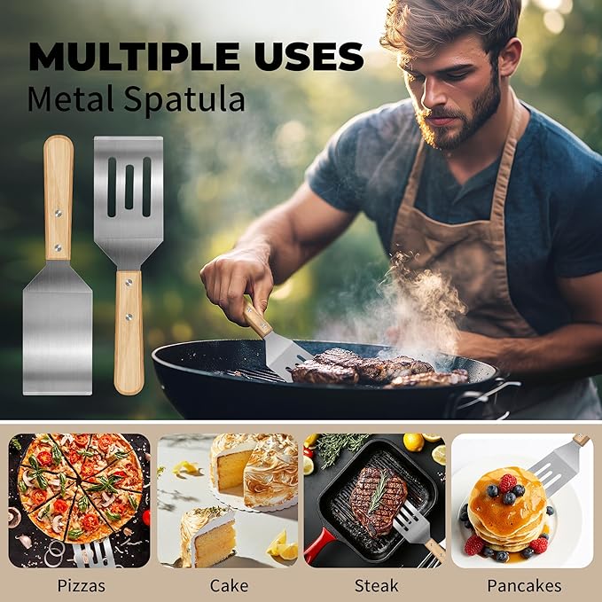 2 Pieces Stainless Steel Spatula Set,Metal Spatula for Cast Iron Skillet,Metal Spatula for Cooking with Wooden Handle,Metal Spatulas for kitchen use for Pancakes,Frying steak,Burger and Desserts