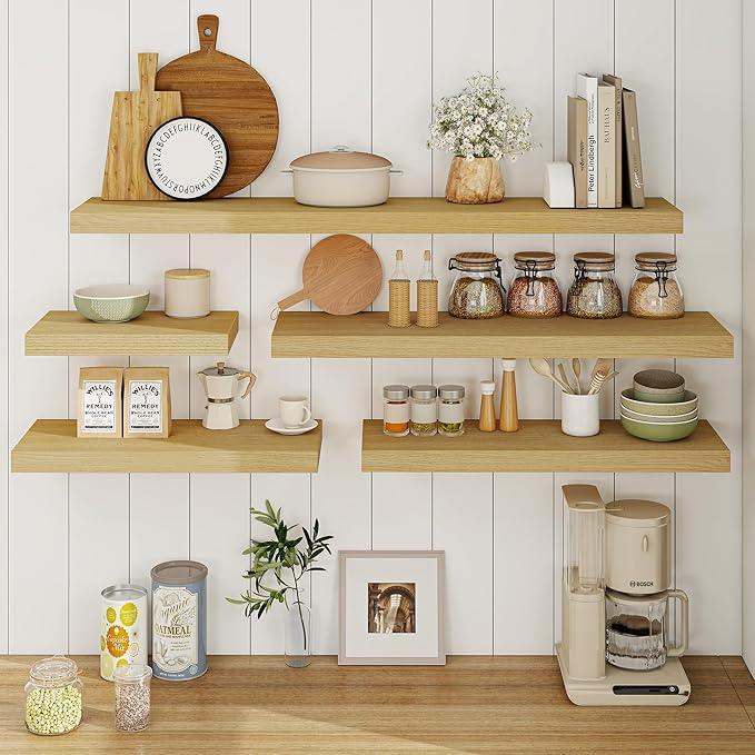 Fun Memories Floating Shelves 36 Inch Long, 9.3Inch Deep Floating Shelves for Wall, Extra Deeper & Thicker Wall Mounted Storage Shelf for Kitchen, Farmhouse, Oak, 2 Pack