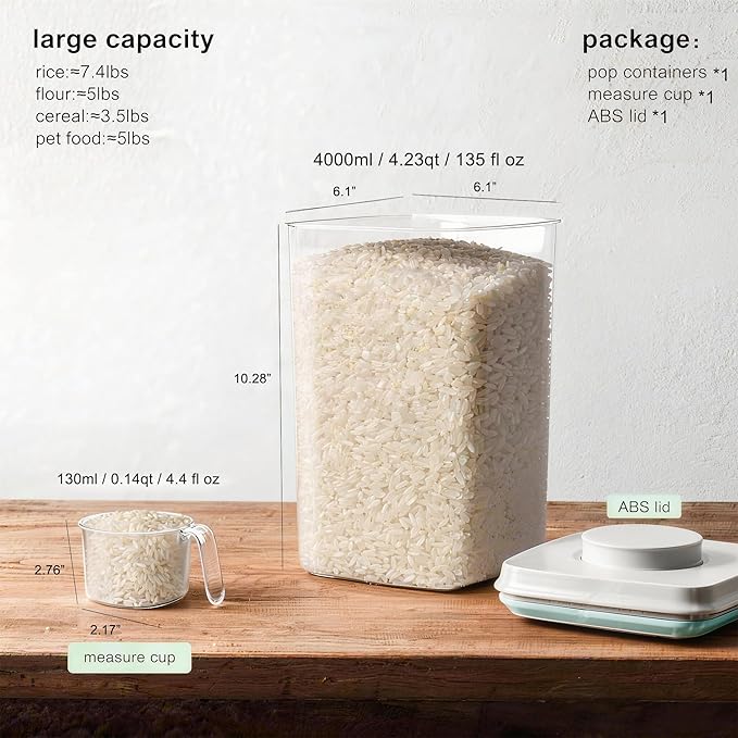 Pop Food Storage Container Airtight Rice Containers with Pop Lid & 130ml Scoop, 4L / 4.2QT BPA-Free Cereal, Flour, Pasta & Snack Container for Kitchen Pantry Organizer
