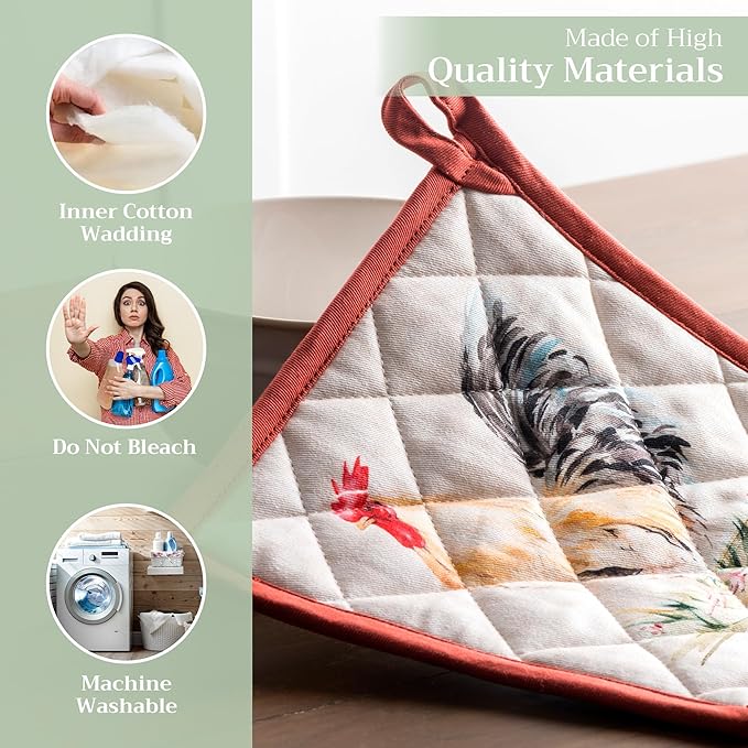 Maison d' Hermine Pot Holders Set 100% Cotton Heat Resistant Potholders 8" x 8" Hot Pads with Loop BBQ, Cooking, Baking, Grilling, Kitchen, Handling Hot Pans Spring/Summer (Pack of 2, Campagne)