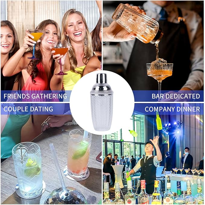 Cocktail Shaker, 14.37oz Mixed Drink Shaker with Glass Cup, Professional Bar Tool with Scale Glass (Hexagon)