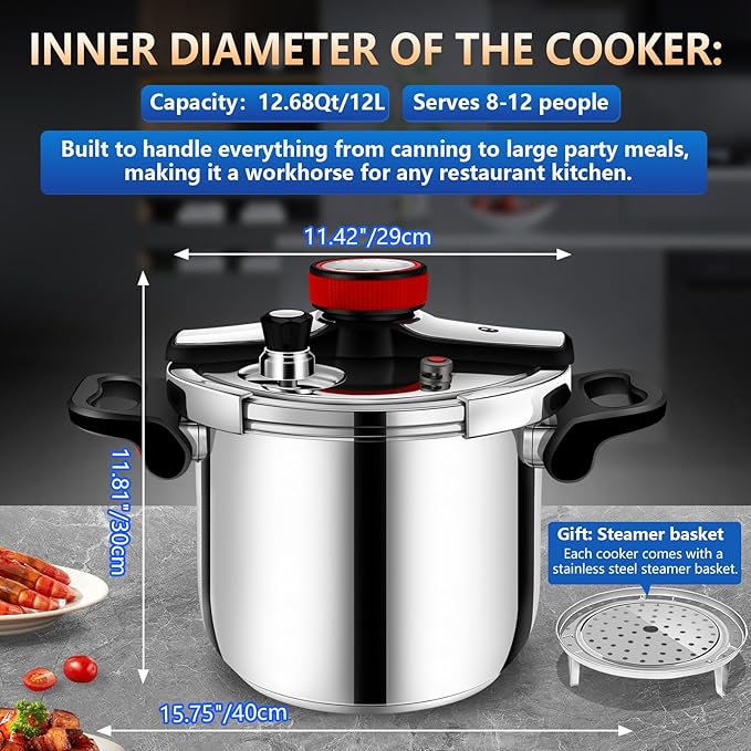Pressure Cooker 12 quart Stainless Steel, Commercial Stove Top Pressure Cooker for canning, One-Hand Locking, Compatible with Gas & Induction, Fast Cooking for Large Meals, Dishwasher Safe, Deeluban