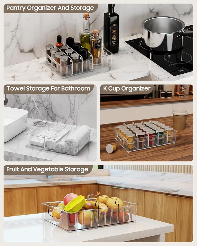 LYNG Lid Organizers Inside Cabinet, Clear Plastic Storage Lid Organizer With 4 Adjustable Dividers, Food Container Lid Organizer For Kitchen Pantry Grey