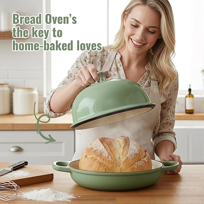4.5 QT Dutch Oven for Bread Baking, Cast Iron Bread Oven for Sourdough, Enamelled Bread Dutch Oven with Lid, Heavy-Duty Non Stick Bread Pot, Green
