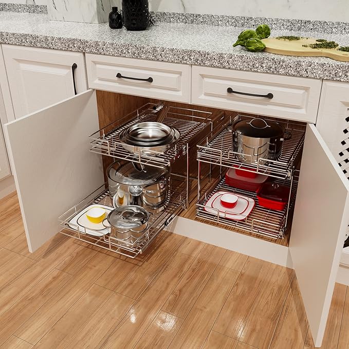 ROOMTEC Individual Pull Out Cabinet Organizer (11" W x 21" D), 2 Tier Spice Rack Organizer for Cabinet, Slide Out Drawer Pantry Shelf Organization and Storage for Kitchen Bathroom