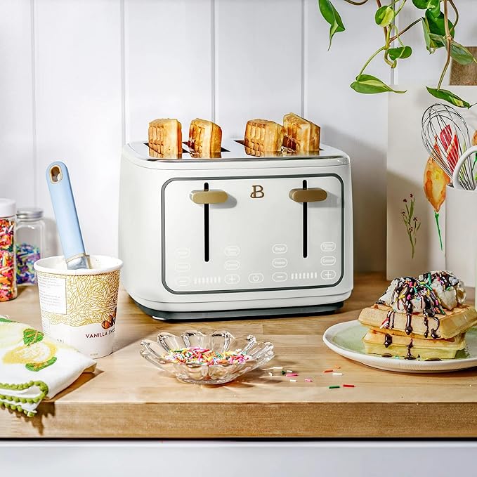 Beautiful 4 Slices Toaster with Touch-Activated Digital Display, Extra Wide Self-Adjusting Slots, Adjustable Shade Control, by Drew Barrymore (White)