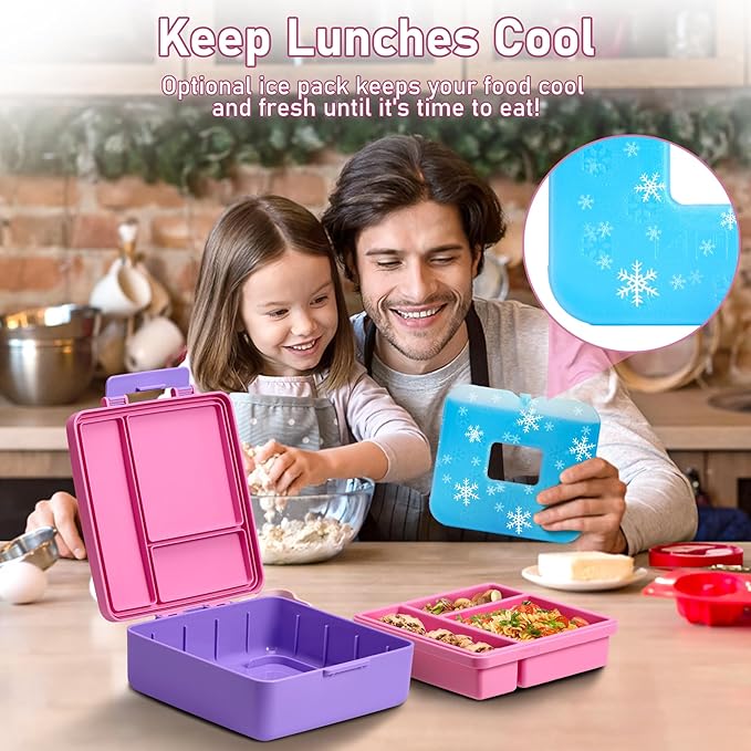 Chill Bento Lunch Box for Kids Adult with Ice Pack,Leak Proof 3 Compartments Lunch Container for Kids,Ice Pack Detachable Bento Box,BPA Free,Dishwasher & Microwave Safe-Pink Purple