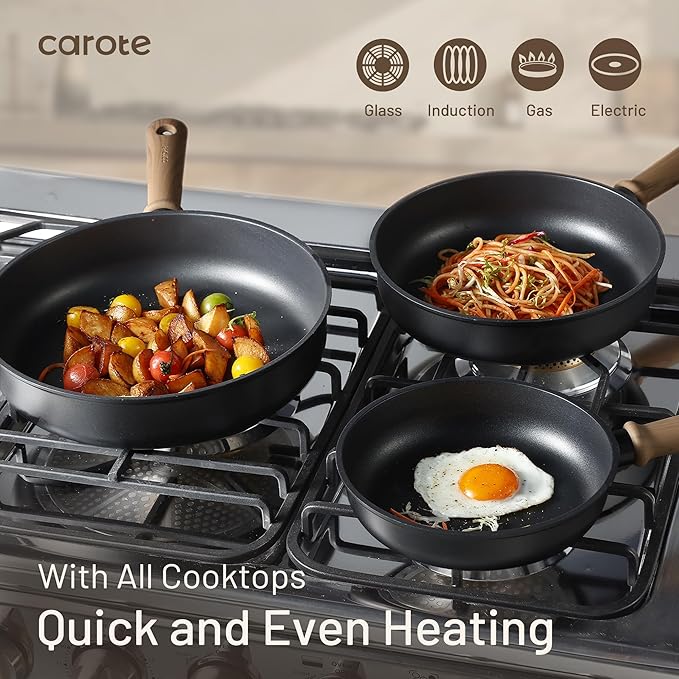 CAROTE Non Stick Frying Pans, 9.5" Nonstick Skillet Titanium Frying Pan Chef's Pan, Titanium Lightweight, Stay-cool Handle, Compatible with All Stoves, Black