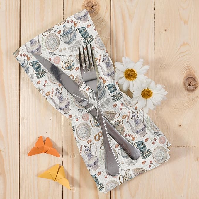 Vintage Teacups Kitchen Dish Towels, Retro French Garden Tea Lover Gifts for Women Men, Coffee Cups Teapots Kitchen Decor, Tea Time Hand Towels Kitchen Bathroom Tea Towels Decorations, 16x24inch