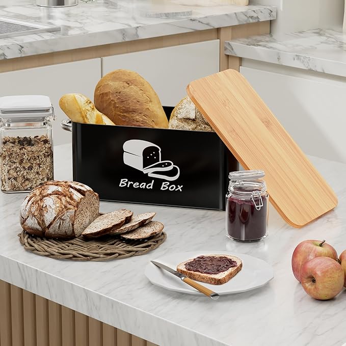 Metal Bread Box with Bamboo Cutting Board Lid, Bread Storage Container, Modern Kitchen Organizer for Sourdough, Buns, and Loaves (Black)