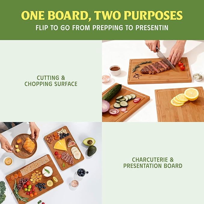 Vietnam Carbonized Bamboo Cutting Board Set of 3 with Holder, Non Toxic Reversible Boards with Juice Groove, Smooth Finish and Non Slip Feet, Handmade in Vietnam for Prep and Charcuterie