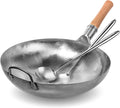 YOSUKATA Silver Round Bottom Wok Pan – 14" Woks and Stir Fry Pans + 17’’ Wok Spatula and Ladle - Set of 2 Heat-Resistant Wok Tools - Universal Wok Ladle Flat Bottom Pow Wok