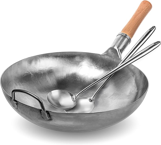 YOSUKATA Silver Round Bottom Wok Pan – 14" Woks and Stir Fry Pans + 17’’ Wok Spatula and Ladle - Set of 2 Heat-Resistant Wok Tools - Universal Wok Ladle Flat Bottom Pow Wok