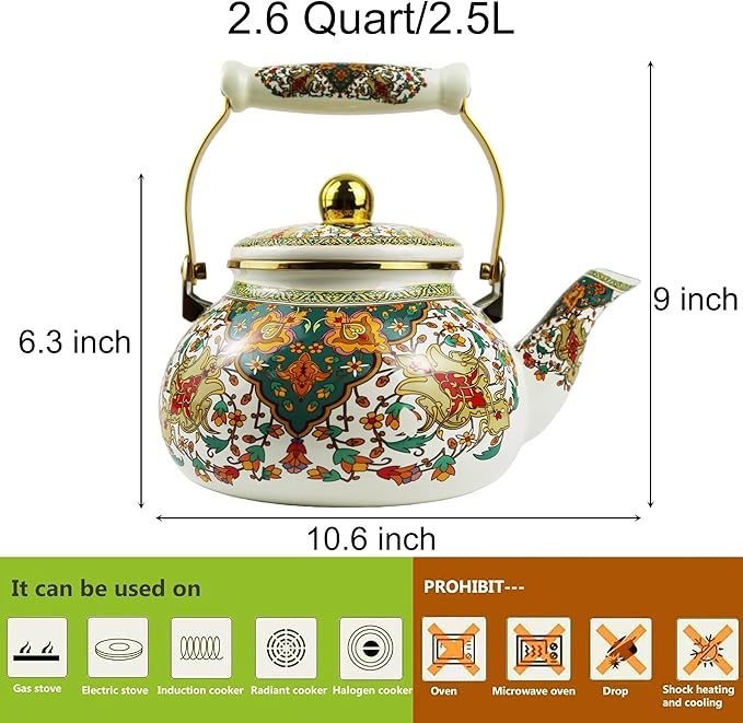 Vintage Enamel Tea Kettle with Porcelain Handle, 2.5L Stovetop Teapot - Non-Toxic, Rust-Resistant, Heat-Resistant, Hot Water Coffee Teapot for Kitchen Decor Christmas Gift