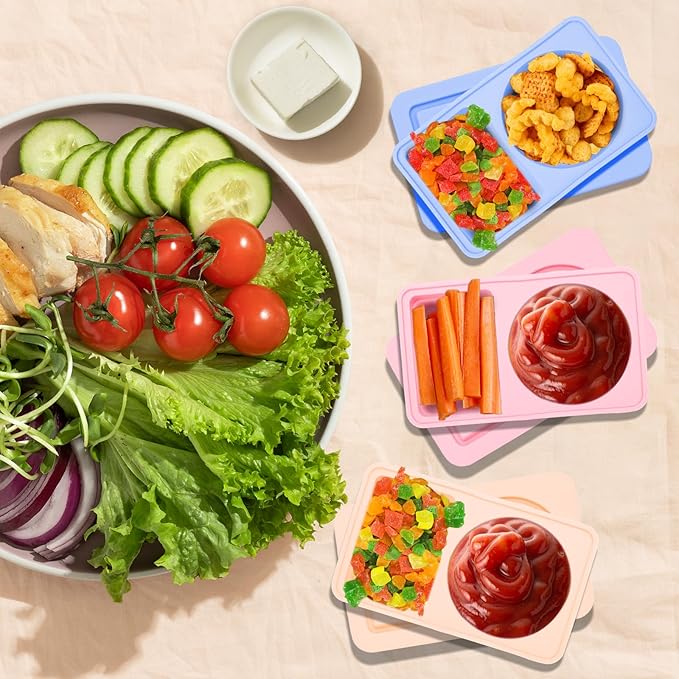 3 Pack Reusable Snack Containers with Lids, Silicone Double Compartment Snack Box Container, Small Mini Snack Pack Containers for Travel, Picnic, Work