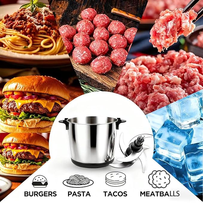 Electric Large Food Processor,1200W Meat Grinder Stainless Steel for Home, Heavy-Duty Meat Mincer with 2 Speed& 4 Blades,6L Electric Food Grinder Chopper for Meat,Game,Vegetables & Meal Prep