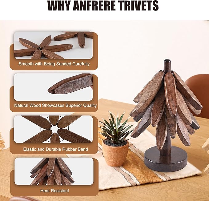 Wooden Trivets for Hot Dishes, Tree-Shaped Wooden Trivet Set, Includes 4 Trivets with Stand, Beech Wood (Walnut)