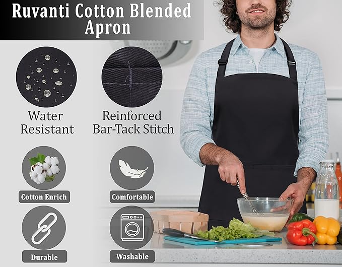 RUVANTI Work Apron for Men, Oil & Water Repellent, Poly Cotton Cross Back Aprons for Women with Pockets, Adjustable up to XXL