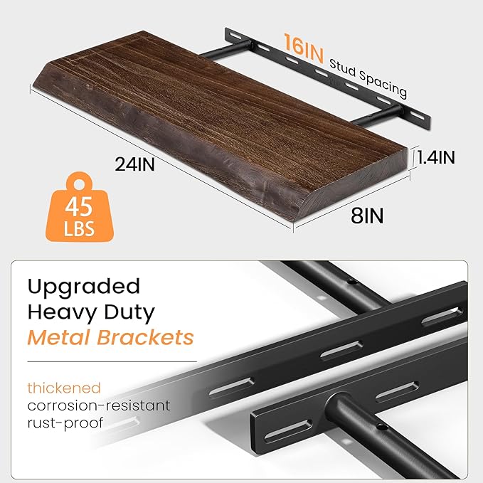 Fun Memories Floating Shelves for Wall Set of 2, Rustic Solid Elm Wood Wall Shelves 24 Inch - Invisible Bracket Mount for Living Room, Bathroom, Bedroom, Kitchen, Natural