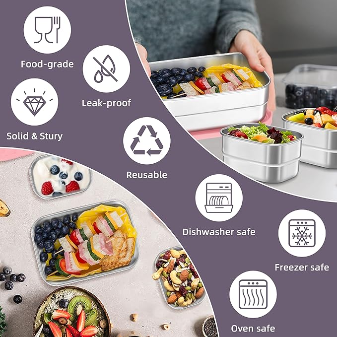 HaWare 8oz*2+25oz Stainless Steel Lunch Box for Kids, Leak Proof Lunch Container with Silicone Lids, Easy Open Food Storage Bento Box for School and Daycare, Dishwasher Safe