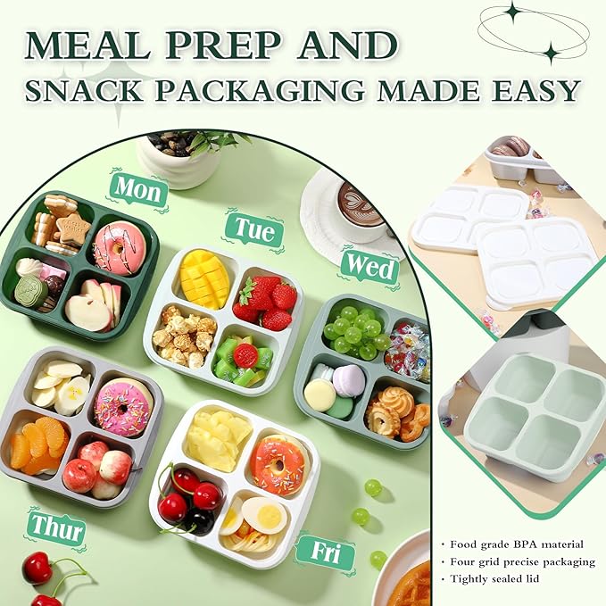 Honeydak 10 Pack Snack Container 4 Compartment Reusable Bento Snack Boxes Divided Lunchable Containers with Lids Meal Prep Lunch Food Storage Boxes for School Work Travel(Sage Color)
