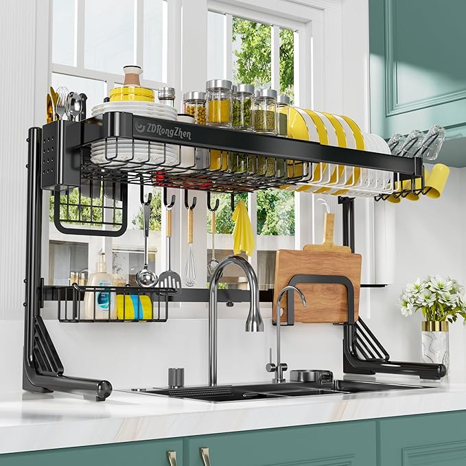ZDRongZhen Over The Sink Dish Drying Rack,2 Tier Full 304 Stainless Steel Dish Drainer Rack,Adjustable Length (22.8''~35.04'') Kitchen Storage Counter with Cup Hanging Set and Hooks (Black-2Tier)