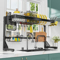 ZDRongZhen Over The Sink Dish Drying Rack,2 Tier Full 304 Stainless Steel Dish Drainer Rack,Adjustable Length (22.8''~35.04'') Kitchen Storage Counter with Cup Hanging Set and Hooks (Black-2Tier)