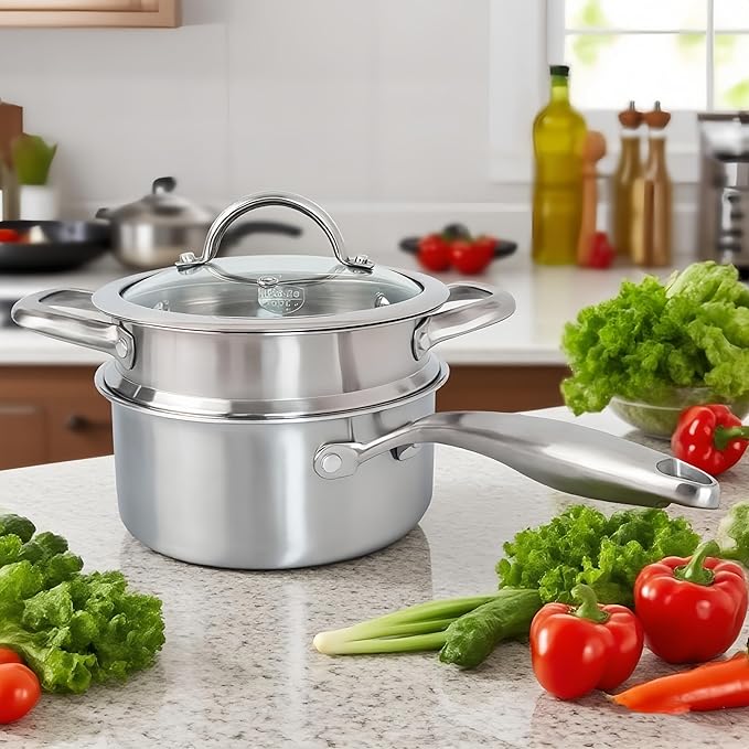 2.5 Quart Stainless Steel Saucepan with Steamer Basket, 18/10 Tri-ply Full Body, Multipurpose Sauce Pot with glass Lid, Perfect For Boiling Gravies, Pasta, Noodles