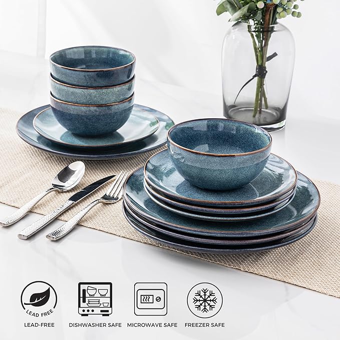 AmorArc Ceramic Dinnerware Sets for 6, 18 Pieces Handpainted Plates and Bowls Set, Scratch Resistant Stoneware Dishes Set, Dishwasher & Microwave Safe, Ceylon Blue