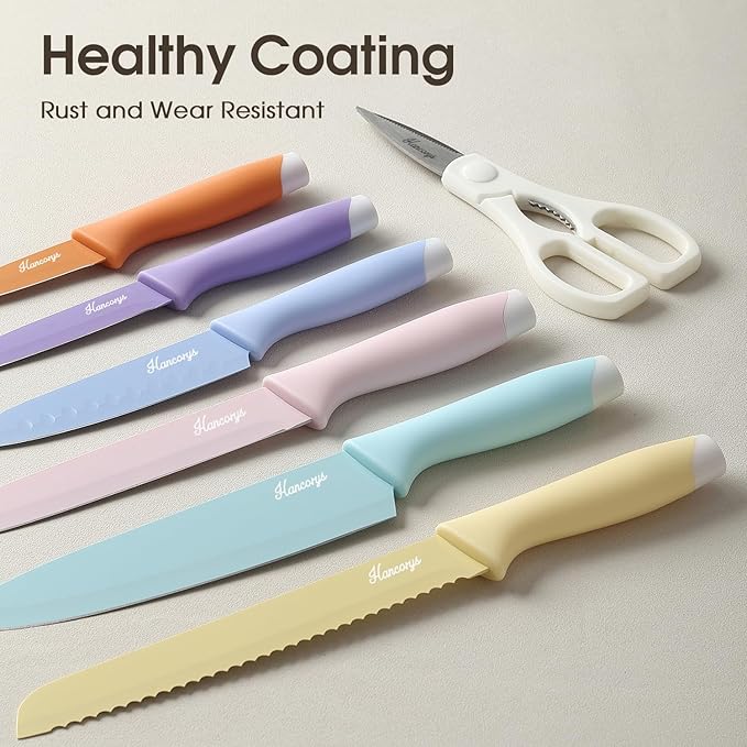 Colorful Knife Set, 13 Pieces Kitchen Knives Set with Nonstick Ceramic Anti-Rust Coating, Chef Knife Sets with 6 Blade Guards, Dishwasher Safe, Gifts Knife Set for Women