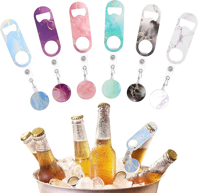 6 PCS Flat Bottle Opener, Mini Retractable Stainless Steel Beer Opener with Round Badge Flat Beer Bottle Opener with Belt Clip for Kitchen Restaurant Party 3.54" x 1.18"