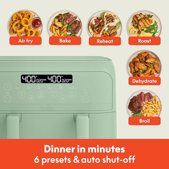 bella 4 Qt TriZone Air Fryer, EverGood™ Ceramic Nonstick Coating, Dual Basket Design w Removable Divider, Digital Touchscreen Control w 6 Preset Cooking Options, 1200 Watt, 3lb Capacity, Seaglass