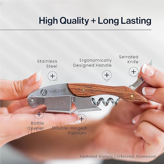 Hicoup Wine Opener - Professional Corkscrews for Wine Bottles w/Foil Cutter and Cap Remover - Manual Wine Key for Servers, Waiters, Bartenders and Home Use - Pakka Wood