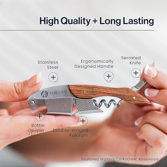 Hicoup Wine Opener - Professional Corkscrews for Wine Bottles w/Foil Cutter and Cap Remover - Manual Wine Key for Servers, Waiters, Bartenders and Home Use - Ebony Wood