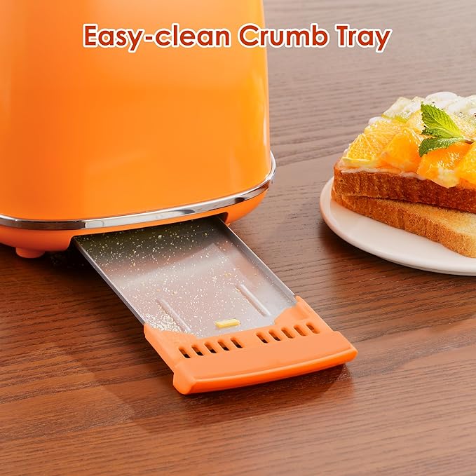 Roter Mond 2 Slice Toaster Retro Stainless Steel with Bagel, Cancel, and Defrost Functions, 6 Bread Shade Settings, Extra Wide Slots and Removable Crumb Tray, Orange