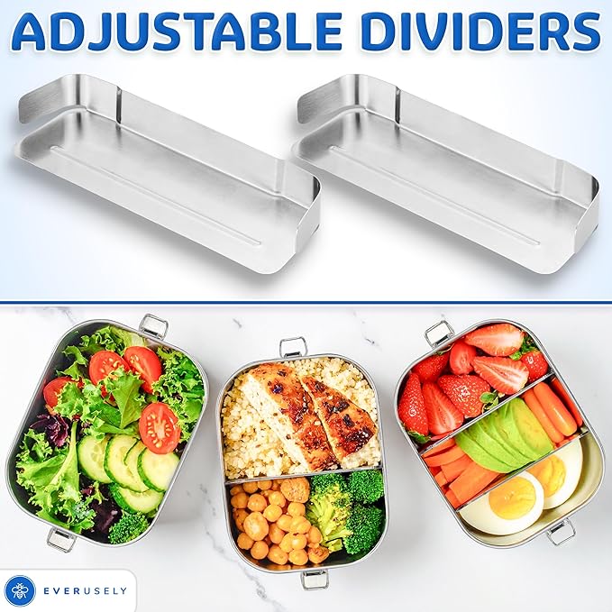 Everusely - Stainless Steel Lunch Box - 40 oz / 1.2 L, 2 Adjustable Dividers - Leakproof Snack and Salad Bento Containers for Adults - Food Storage Boxes with Lids for Work, Picnics, Travel
