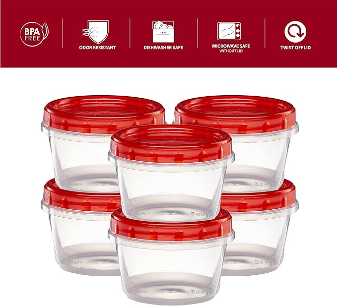(16 Ounce 10 Pack) Twist cap Containers Clear Bottom With Red Top Screw on Lids Twist Top Food Storage Freezer Containers